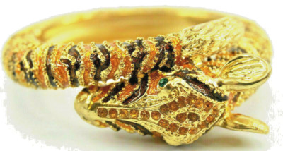 Goldtone Dark Brown & Orange Enamel Giraffe Yellow Rhinestone Hinge Bracelet 