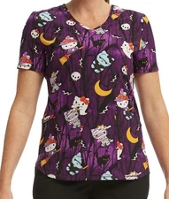 Scrubstar Sanrio Hello Kitty Halloween Night Forest V-Neck Print Scrub Top NWT!