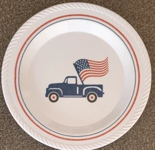 Four (4) Old East Main Co ~ Melamine ~ Red ~ White & Blue ~ 10.75" Dinner Plates