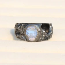 Rainbow Moonstone Raw Ring 925 Sterling Silver Black Oxidize Mens Jewelry