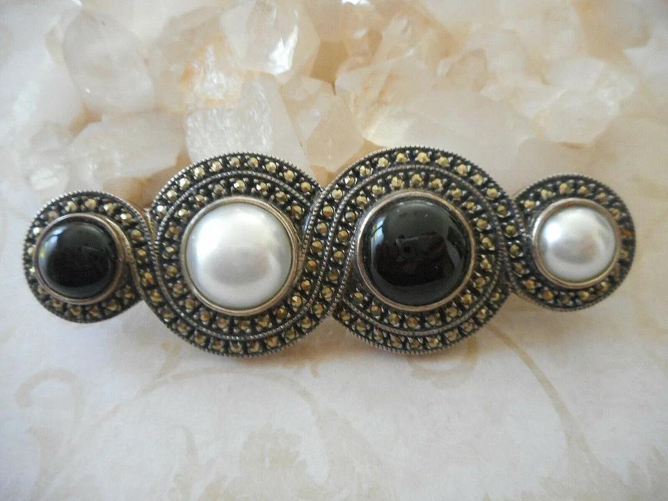 Judith Jack Sterling Silver Pearl Black Onyx Marcasite Brooch Pin    JJ2140B - Image 2 of 4