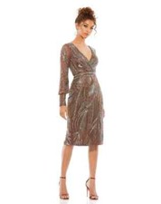 Mac Duggal Mocha Brown Beaded Long Sleeve Tulle Midi Cocktail Dress Size 12 $498