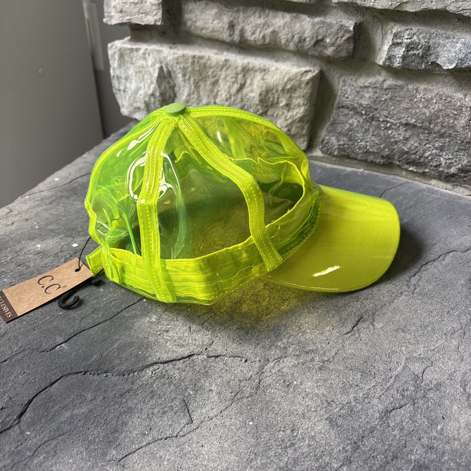 C.C Exclusives Women's See Through Translucent Neon Lime Baseball Rain Cap Hat image 3
