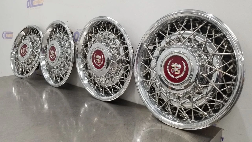 92 CADILLAC BROUGHAM 15" WIRE TYPE WHEEL RIM COVER SET OF 4 CHROME - Image 4 of 4