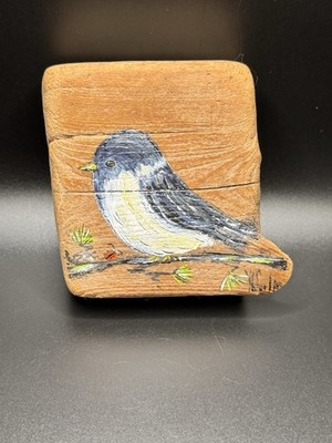 Bluebird On Branch Hand Painted Driftwood Miniature Slab Artist Signed 3.5  Art