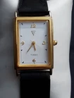 Vintage Tank Timex F Watch White Dial, 7.4" leather band, New Btry Gold tone