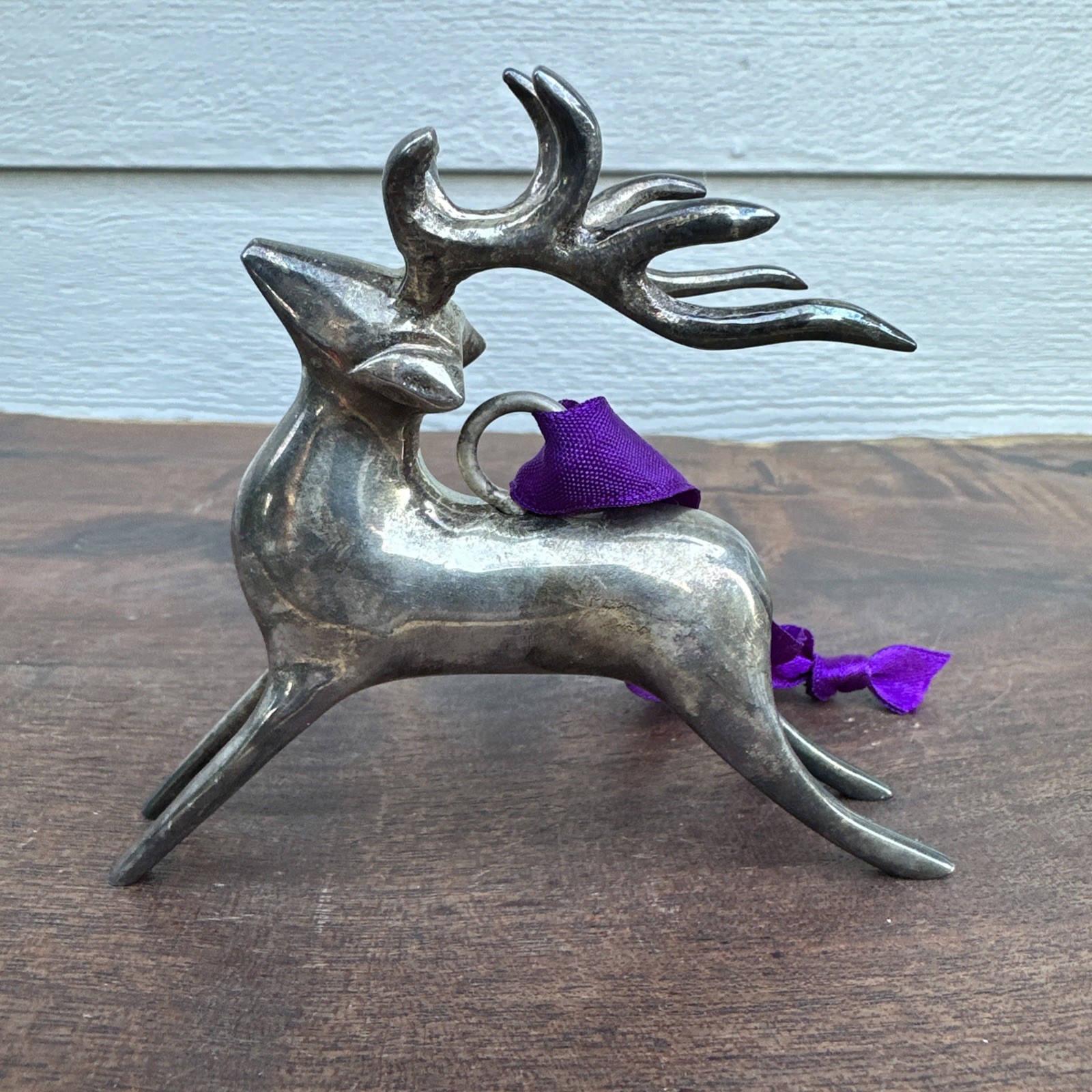 Pottery Barn Metal Silver Plate Ornament Deer Reindeer Christmas Tarnished 4in
