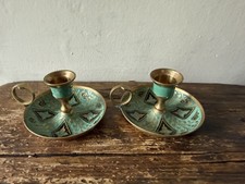 Pair of Vintage Cloisonné Style Enamel   Brass Chamber-stick Candle Holders