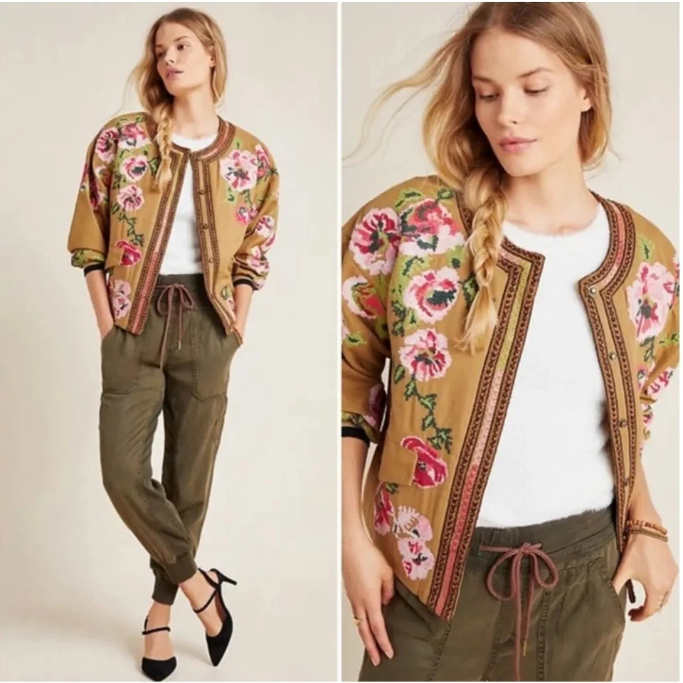 Chaqueta Bomber Anthropologie Floral Punta de Aguja Broches Bohemia Mujer Talla Mediana Foto 3 de 4