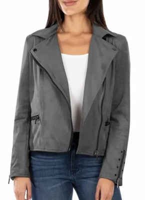 KUT FROM THE KLOTH Faux Suede Moto Jacket Women's Sz M Gray Biker Boho Grunge