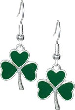 Green Shamrock Enamel Charm Earrings, Handmade Silver Lucky Irish Clover Jewelry