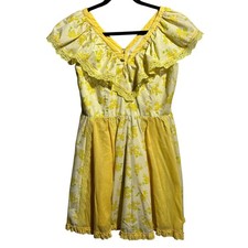 VTG 70s Yellow Floral Ruffle Dress Coquette Southern Belle Lace Tea Length M