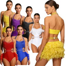 Womens Bodysuit Sleeveless Leotard Latin Jumpsuit Feather Dance Party Glittery