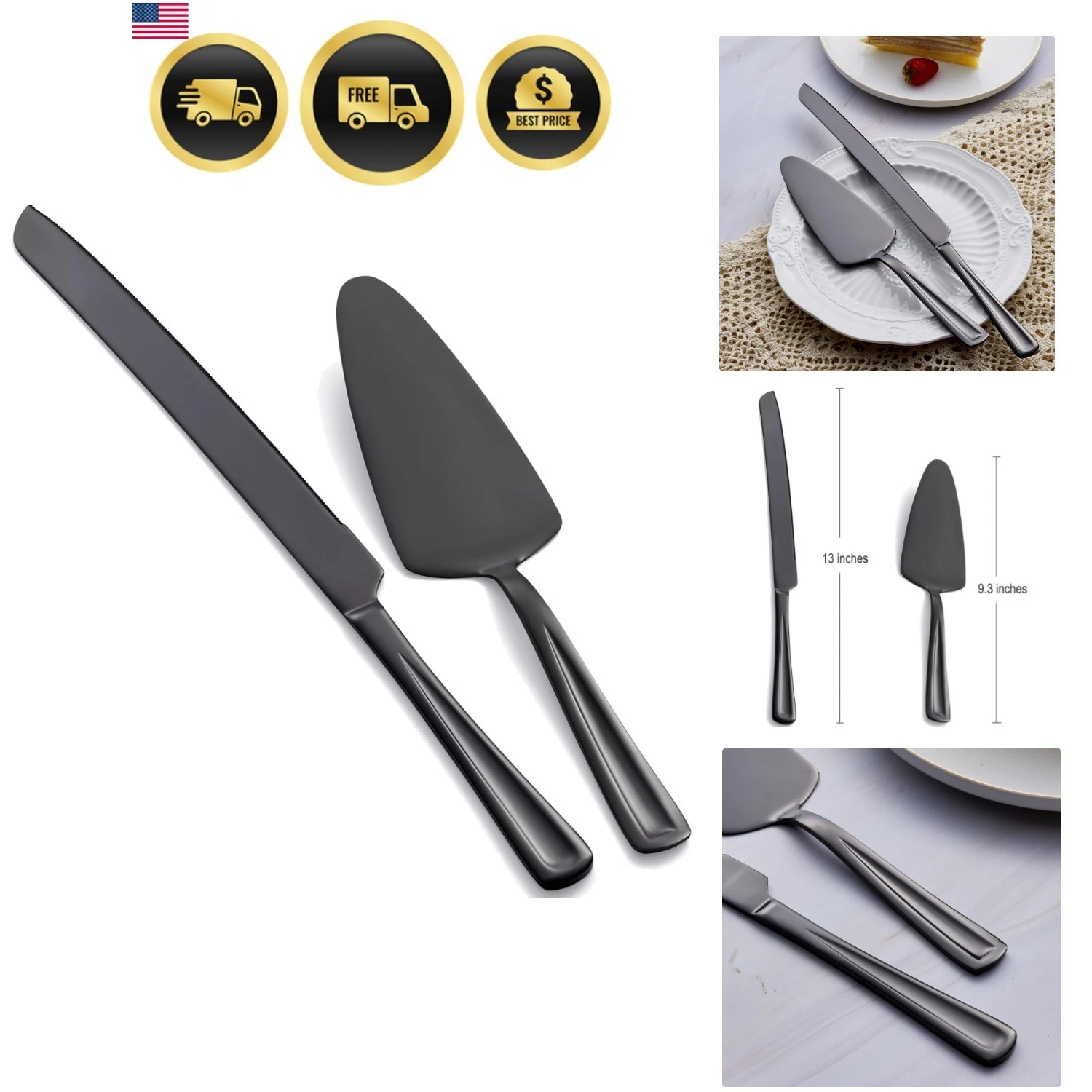 Black Cake Knife and Server Set, 13-inch Stainless Steel Cake Cutting Set, El...