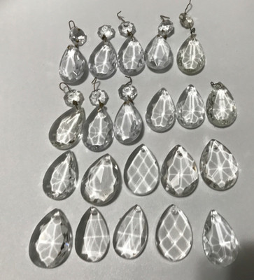 Antique Lot 21 Faceted Cut Glass Teardrop Heavy Crystal Chandelier Prisms