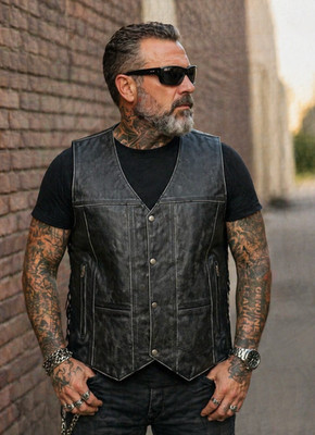 ARD CHAMPS  Men's Grey Genuine Leather 10 Pockets Motorcycle Biker Vest