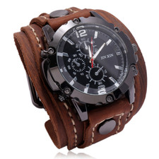 New Wide Leather Watch Cuff Band Brown Wrist Black Strap Punk Retro Quartz Mens