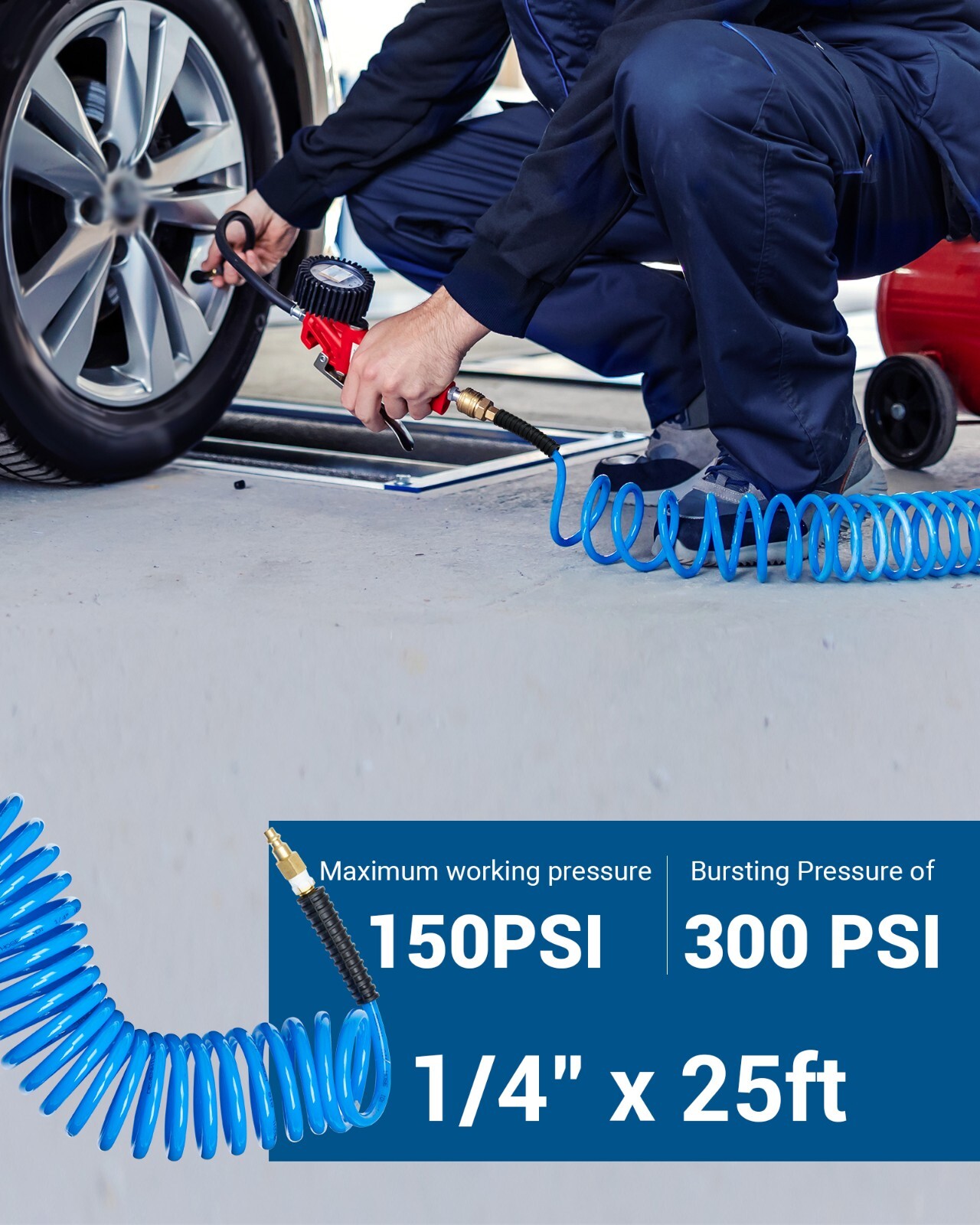 DEWENWILS 1/4 in x 25ft Polyurethane Recoil Air Hose with Fittings