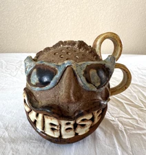 Handmade Pottery Folk Art Ugly Face Jug Big Toothy Smile CHEESE Signed