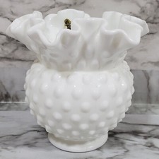 Fenton White Hobnail Milk Glass Round Flower Vase Double Crimped Ruffled Edge