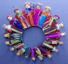 Guatemalan Folk Art Worry Doll Hand Made Hanging Wreath Fiber Cloth 9" Wide