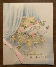 Vtg 1940s New Baby Newborn Congratulations Greeting Card Bed Pillow Flowers P4c