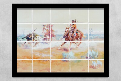ceramic tile mural backsplash. Charles Russell Mexican Vaqueros Roping a Steer