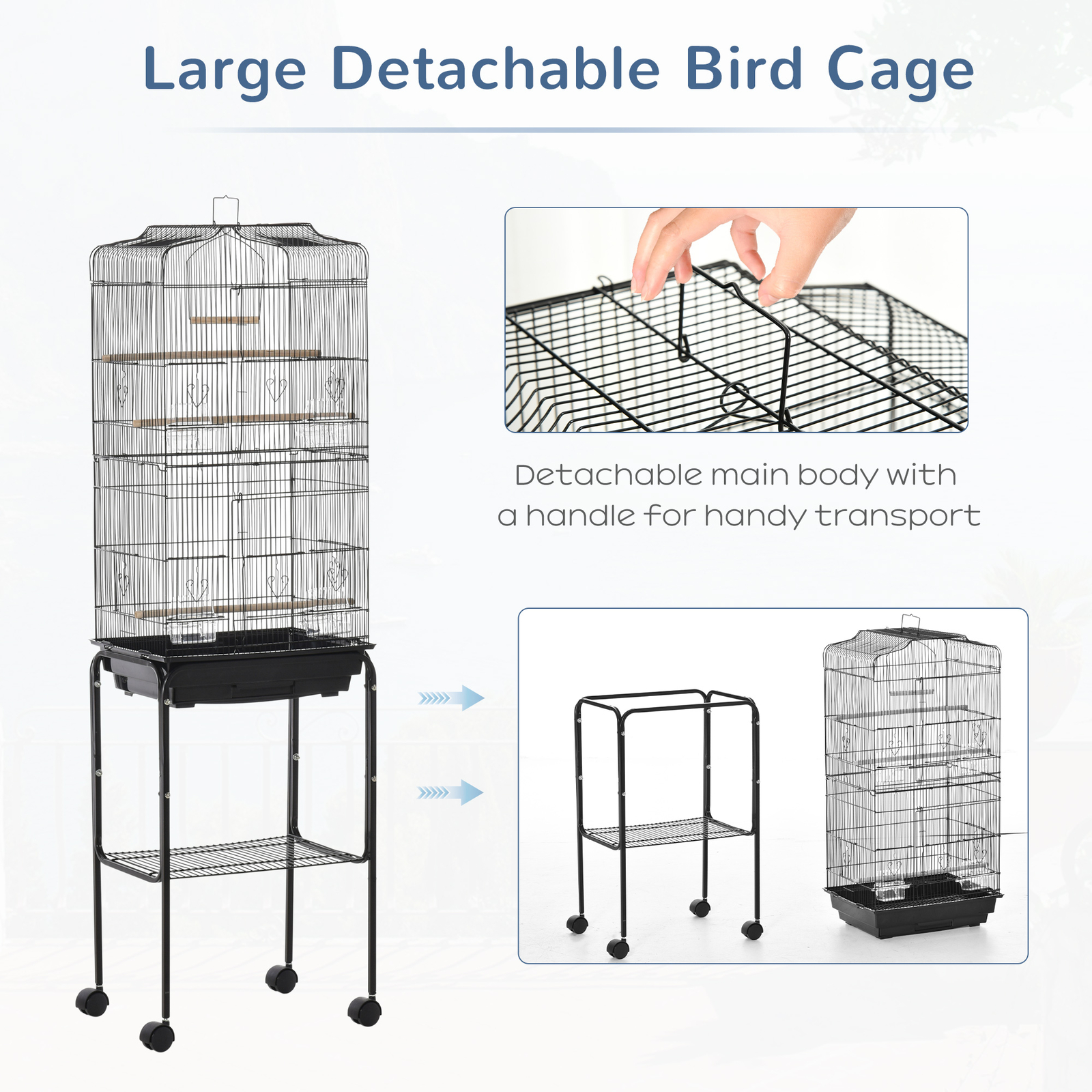 View of 153cm Large Bird Cage Metal Cockatoo Parrot Macaw Wheels Removable Tray ...