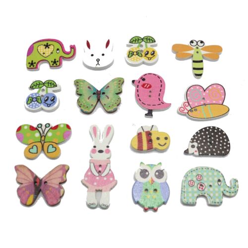 50pcs Assorted Cute Animal Butterfly Wood Buttons Wooden Scrapbook Decorative - Afbeelding 1 van 5