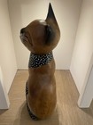 Whimsical Cat Wood Carved Figure Primitive Folk Art Decor Studded Metal — photo 3