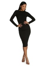 Long Sleeve Midi Sweater Dress Party Cocktail Black LBD Bodycon Ribbed Stretch L
