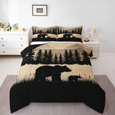 Rustic Cabin Queen Comforter Set - Woodland Bear  Pine Tree Bedding 3 Pcs