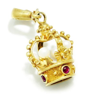 Cynthia Bach 18k Gold, Rubine und Perle Königskrone Anhänger Charm UVP 2.500 $