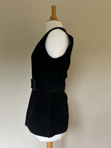 Black Suede Leather Vintage Zip Up Belted Waistcoat Size Small - Picture 4 of 16