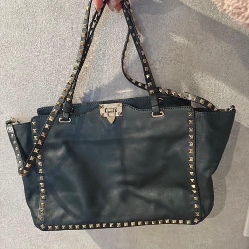 VALENTINO GARAVANI Leather Tote Shoulder Bag Dark Green Elegant Used From Japan