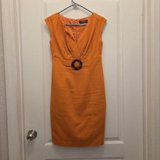 ELIZA J Dress women's M Medium orange midi dress front belt accent v neck