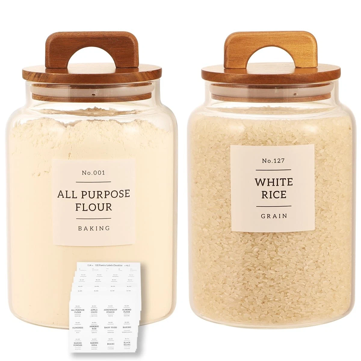 2 Pack Large Glass Flour and Sugar Containers with 132 Pantry Labels - 64 FL ...