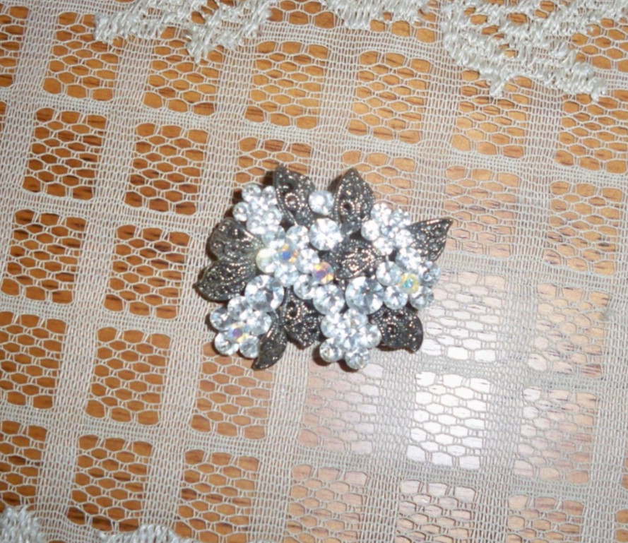 Silvertone Scrollwork and Rhinestones Fashion Bro… - image 1