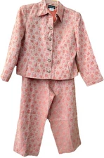 Harve Benard Coral Orange Linen Suit Size 10 Petite Jacquard Quiet Chic Luxury