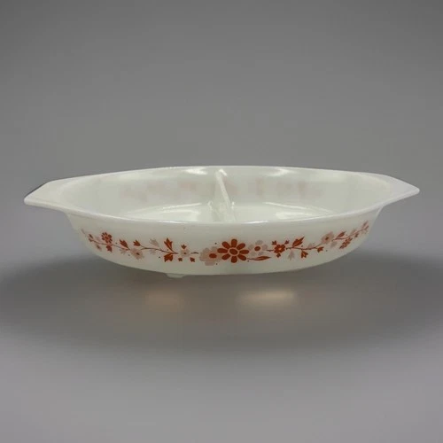 VTG Pyrex Promotional Piece Divided Casserole Dish 1.5 Qt Orange Floral Kitschy