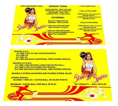 Bally Strikes and Spares Pinball Custom Apron Instruction Cards Hi Resolution