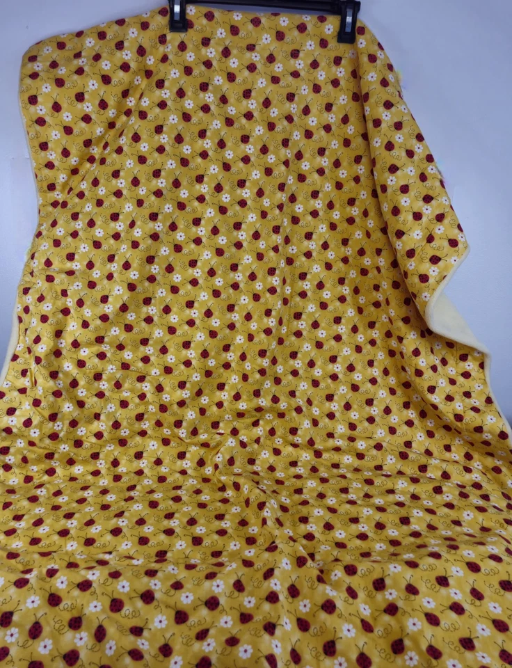 Vintage Handmade Yellow Crib Baby Blanket Cotton Blend  Ladybugs Pattern 48"×37" - Image 3 of 4