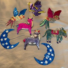 Vintage 8 Mexican Tin Ornaments Birds Moon Donkey Bat Deer Festive Hanging Decor