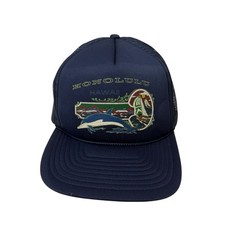 Vintage Honolulu Hawaii Trucker Hat Cap Blue Dolphin Snapback Mesh Back Hawaiian
