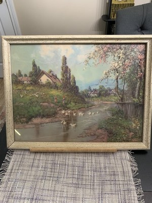 Vintage Wall Art Framed Countryside / Cottage Lake Scenery Print 17x 13