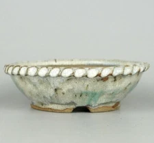 Japanese Bonsai pot ECHIZEN BUNZAN signed White glazed Roped edged φ5.9" *915