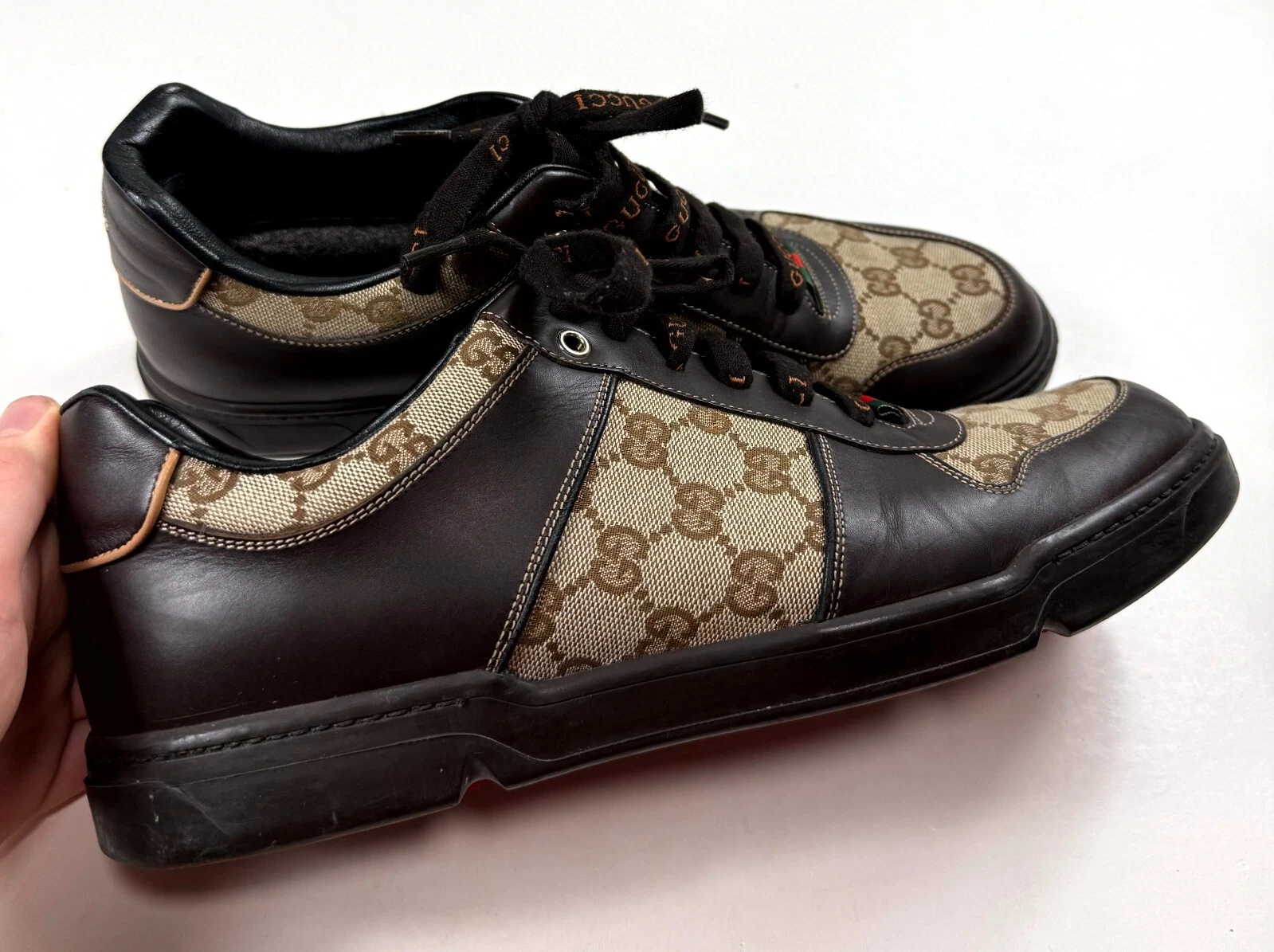 Baskets basses homme Gucci GG monogramme signature cuir marron US 11 EU 44,5