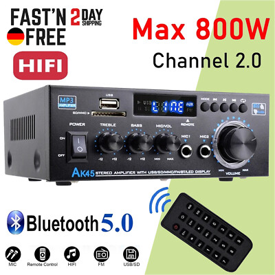 800 W 2-KANAL Bluetooth5.0 Stereo Verstärker Amp HIFI Tuner Audio USB SD FM Auto