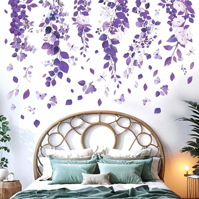 Hanging Leaves Wall Stickers for Bedroom: Flowers Vine Tree Leaf Wall Decals 