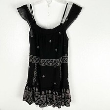 INTIMATELY FREE PEOPLE Black Embroidered Detailing Off Shoulder Frayed Hem Dress